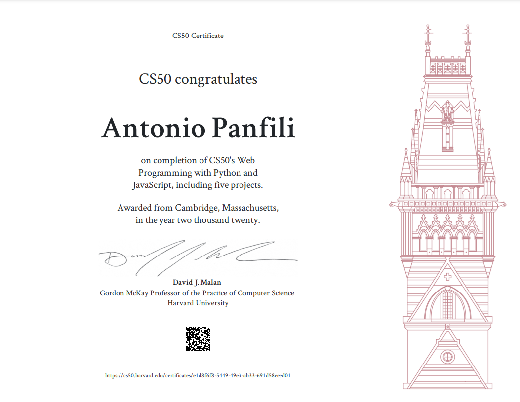 Certificato Web Programming with Python and JavaScript