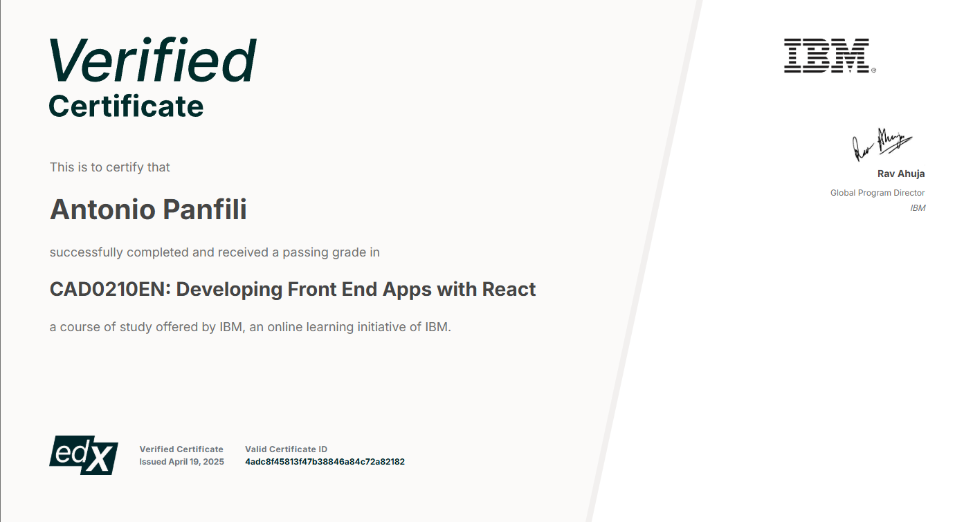 Certificato Developing Front End Apps with React